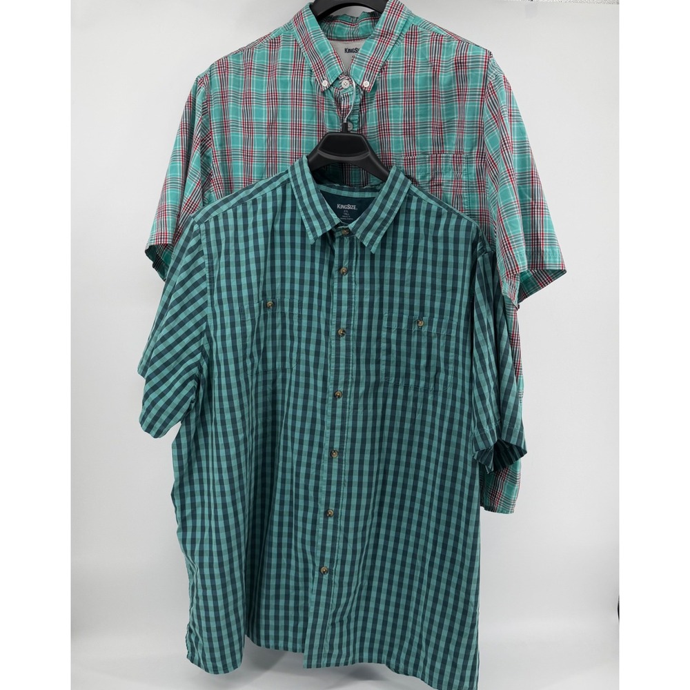 King Size Shirts Mens 4XL Tall Teal Plaid Gingham Bundle 2pk Short Sleeve Button